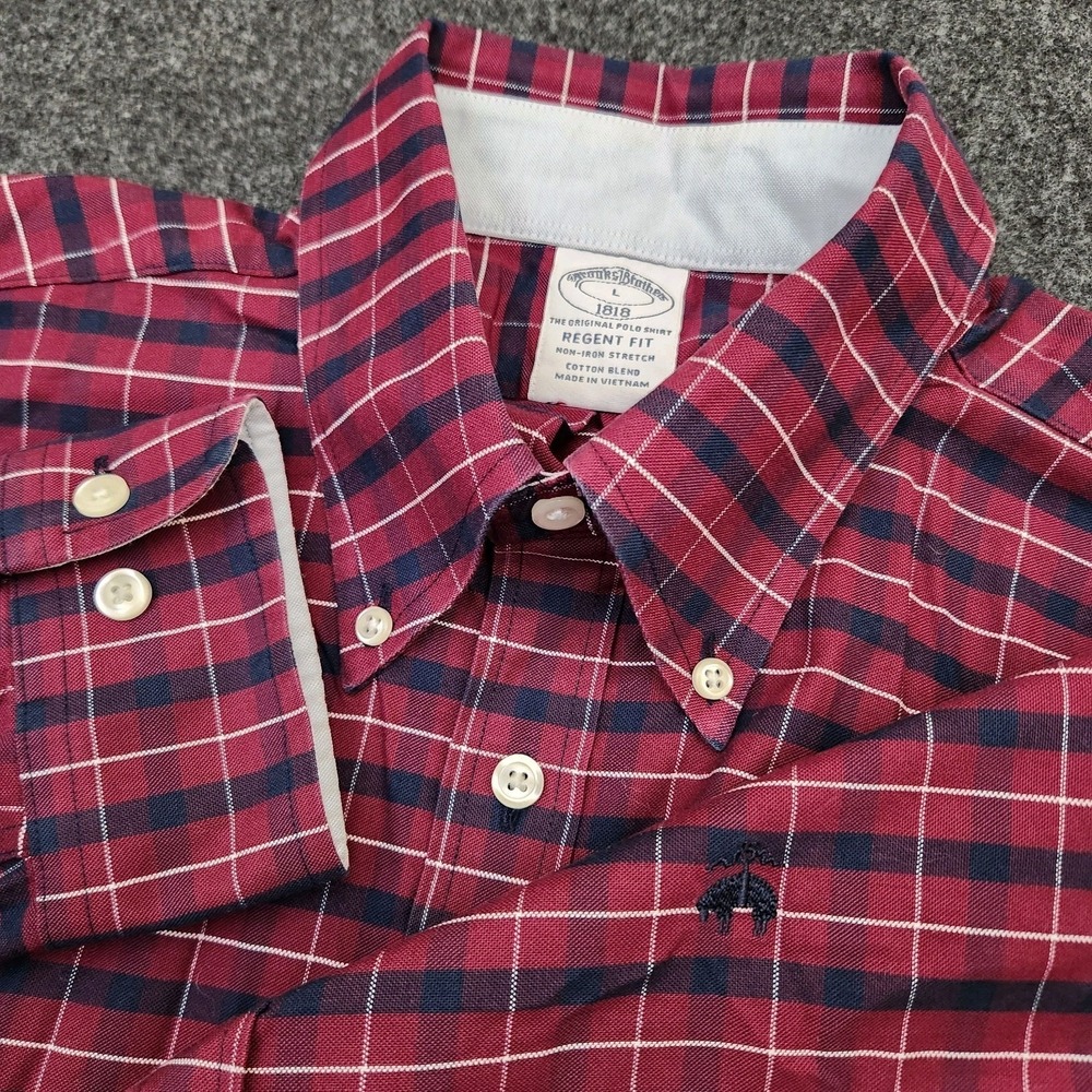 Brooks Brothers Mens Large Red Plaid Regent Fit Button Down Shirt Embroidered